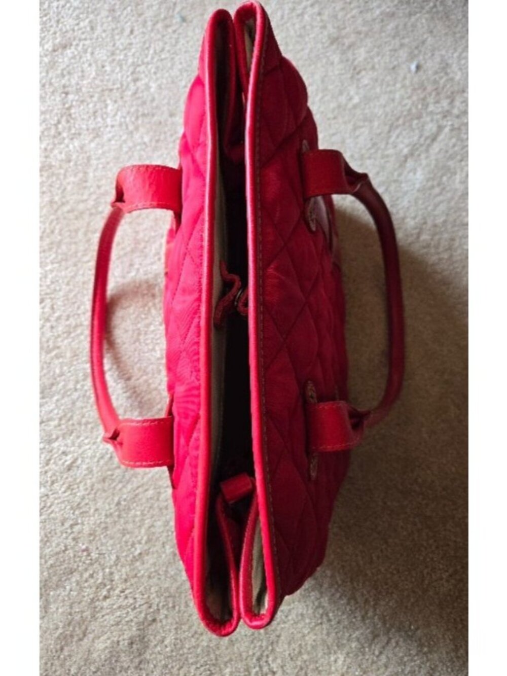 J Crew Red Quilting & Leather Carry All Bucket Purse Handbag Top Handle - Picture 7 of 12